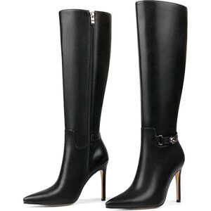 Women's Knee High Pointed Toe Stiletto Buckle Slouch Zipper Heeled Boot Black